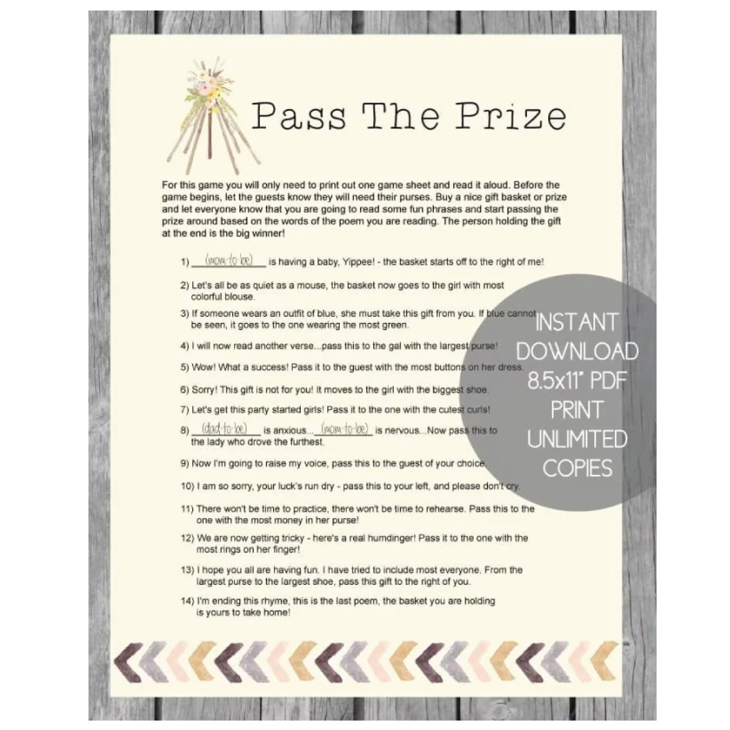 Printable Pass The Prize Baby Shower Game - Boho Tribal Tee Pee in Printable Pass The Prize Game