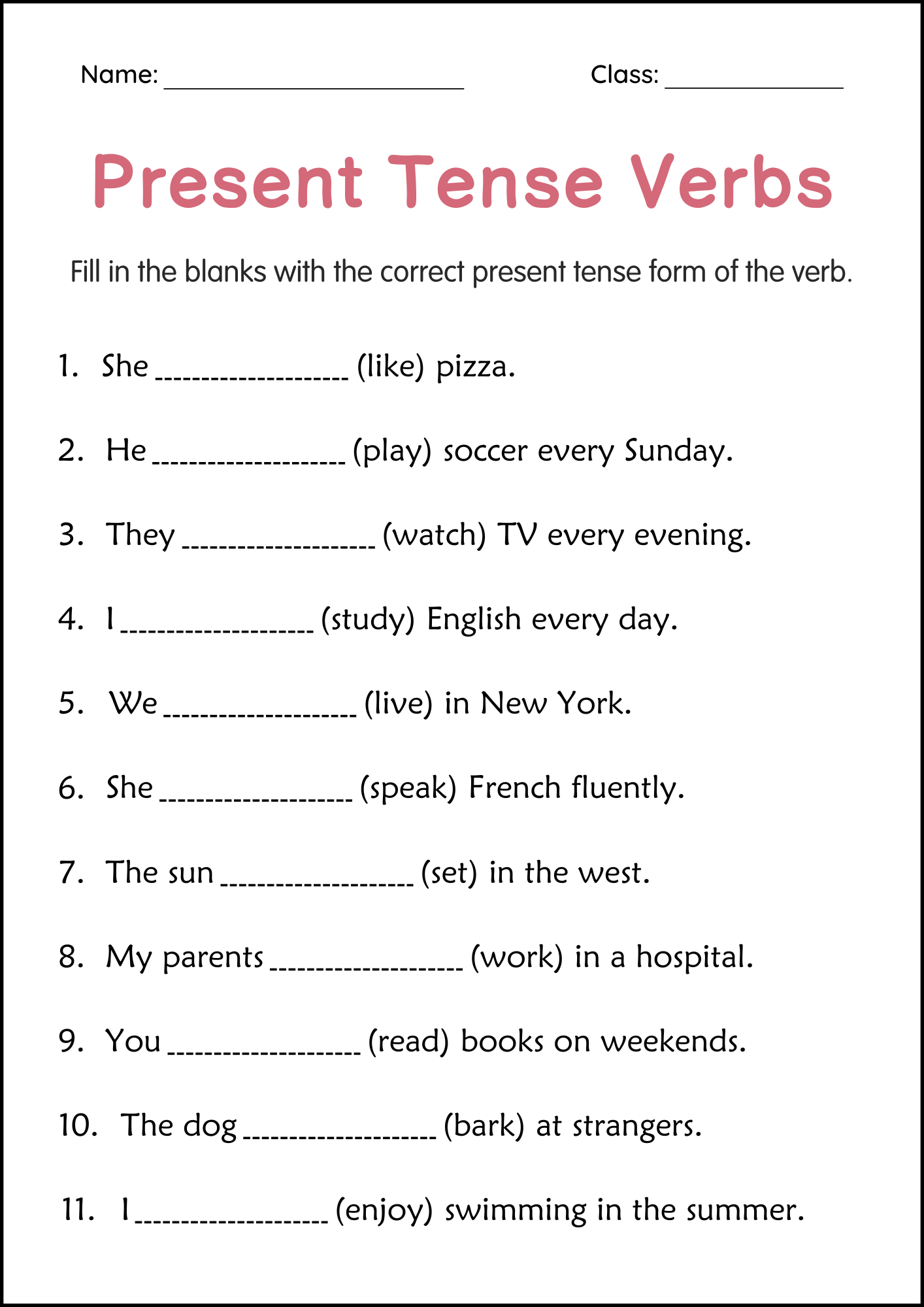 Printable Simple Present Tense Verbs Grammar Worksheets For Grade in Printable Grammar Worksheets For Grade 2