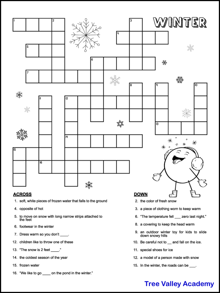 Printable Winter Crossword Puzzles For Kids - Tree Valley Academy for Printable Crossword Easy