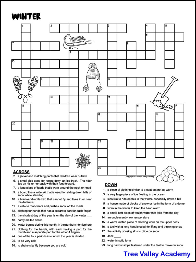 Printable Winter Crossword Puzzles For Kids - Tree Valley Academy intended for Medium Crossword Puzzles Printable