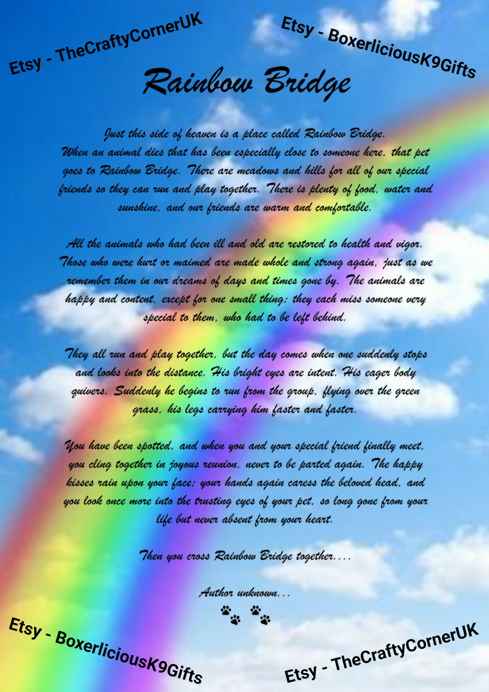 Rainbow Bridge Gedicht Pet Loss Memorial Trauerfall Bild Hund Etc - Männliches Haustier - Pdf Download - Print At Home. with regard to Rainbow Bridge Printable Poem For Dogs