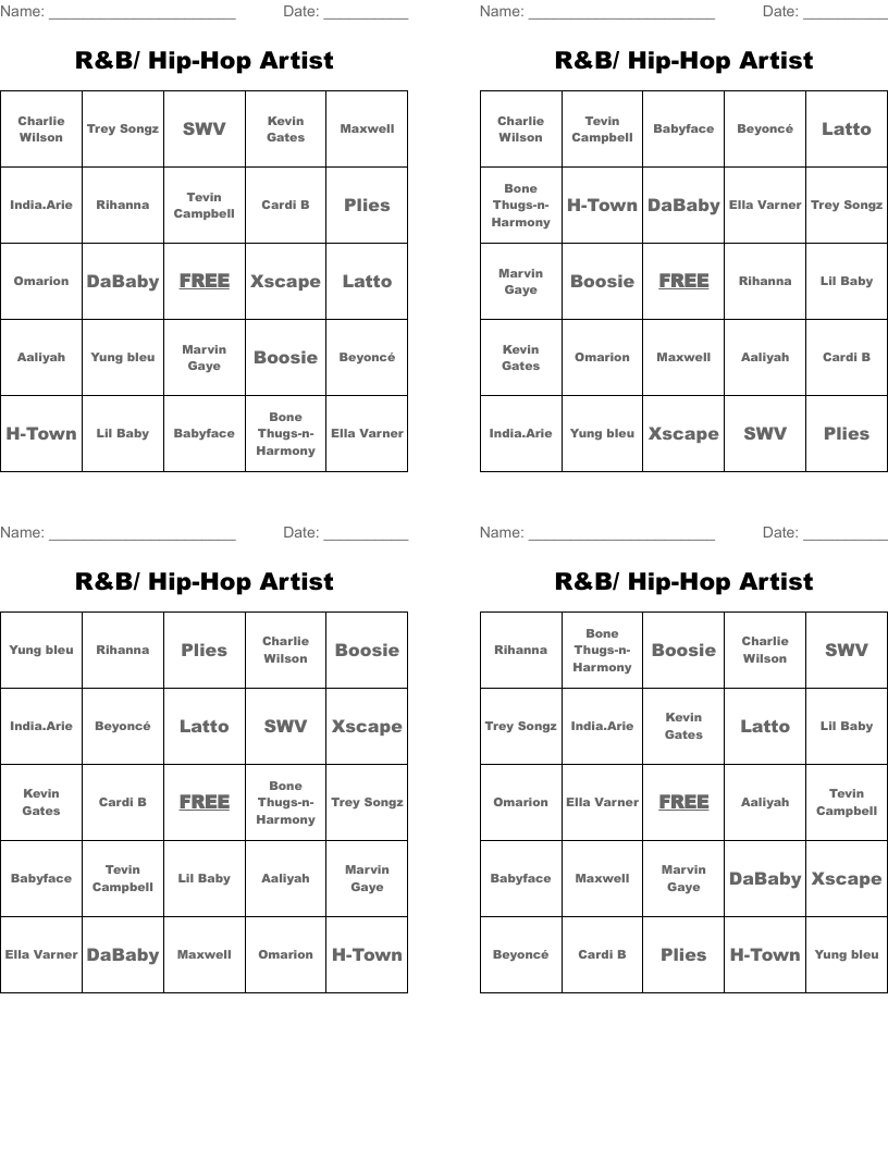 R&amp;amp;B/ Hip-Hop Artist Bingo Cards - Wordmint with regard to Hip Hop Bingo Cards