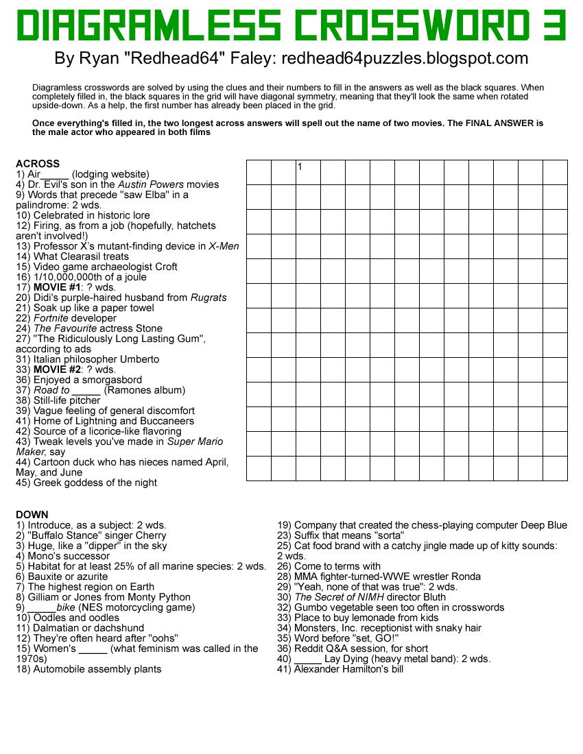 Redhead64&amp;#039;S Obscure Puzzle Blog!: Puzzle #227: Diagramless Crossword 3 intended for Diagramless Crossword Printable