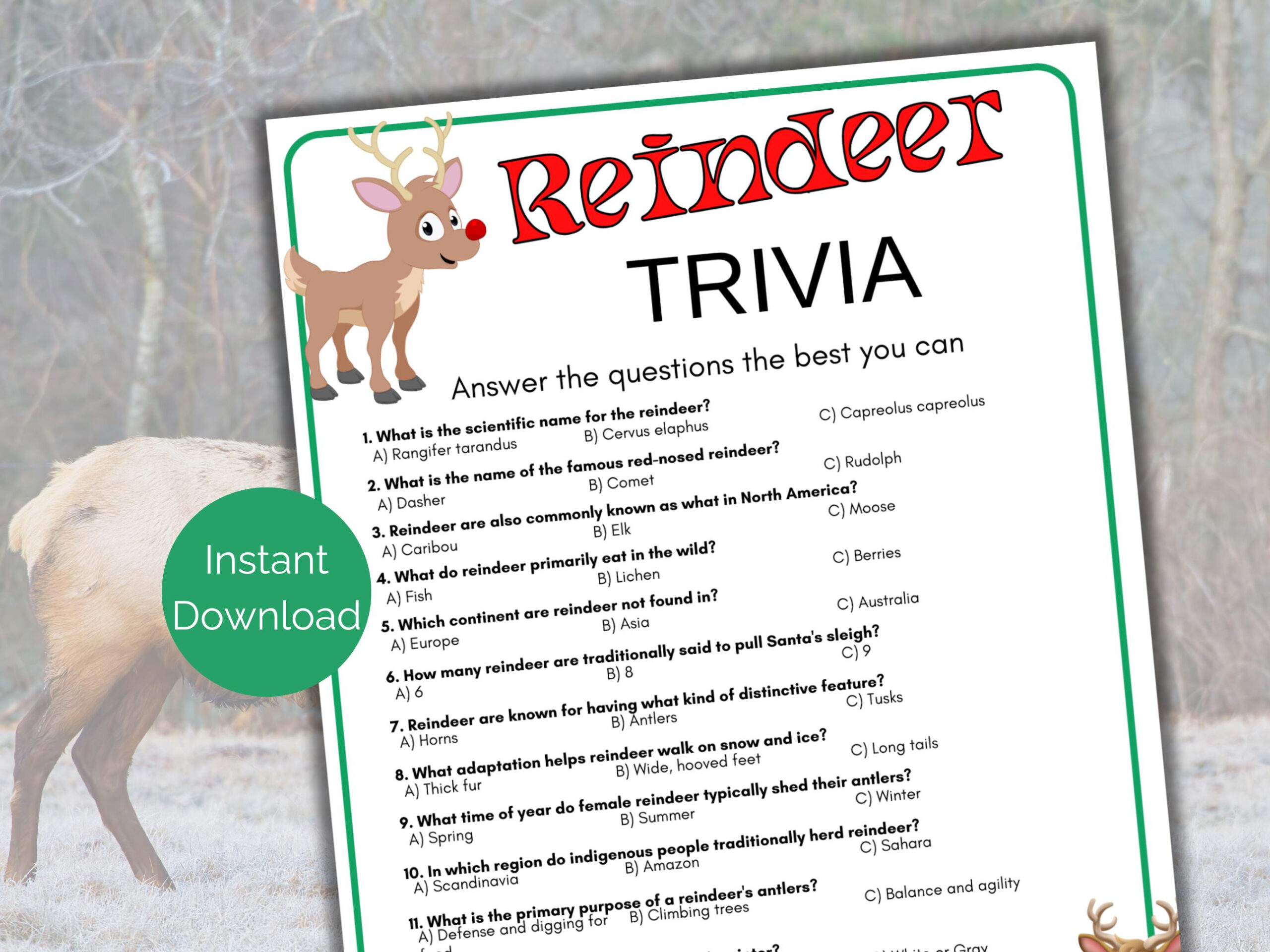 Reindeer Trivia Game, Printable Reindeer Quiz, Christmas Party inside Reindeer Trivia Questions And Answers Printable