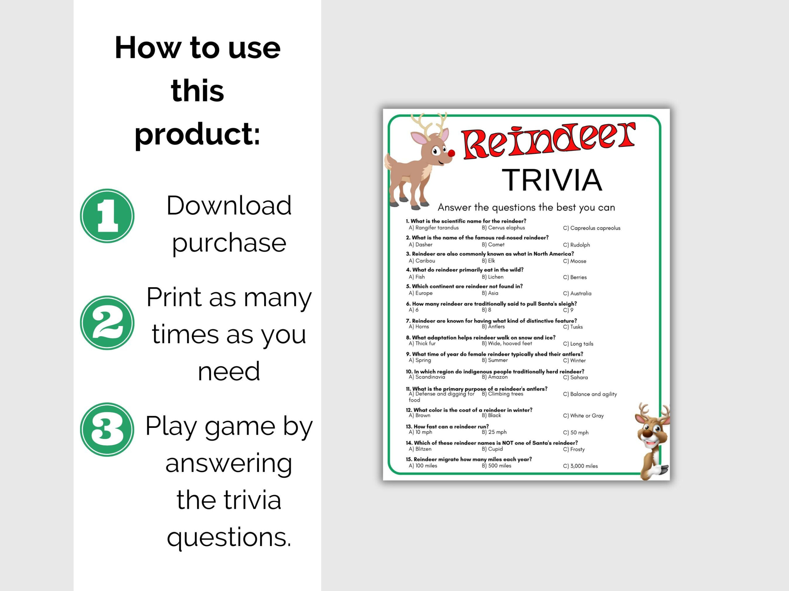 Reindeer Trivia Game, Printable Reindeer Quiz, Christmas Party throughout Reindeer Trivia Questions and Answers Printable