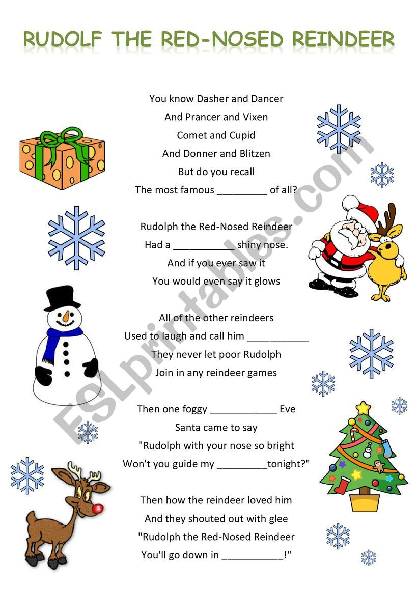 Rudolph The Red-Nosed Reindeer Song Text With Gaps (Easy, For for Rudolph the Red Nosed Reindeer Lyrics Printable