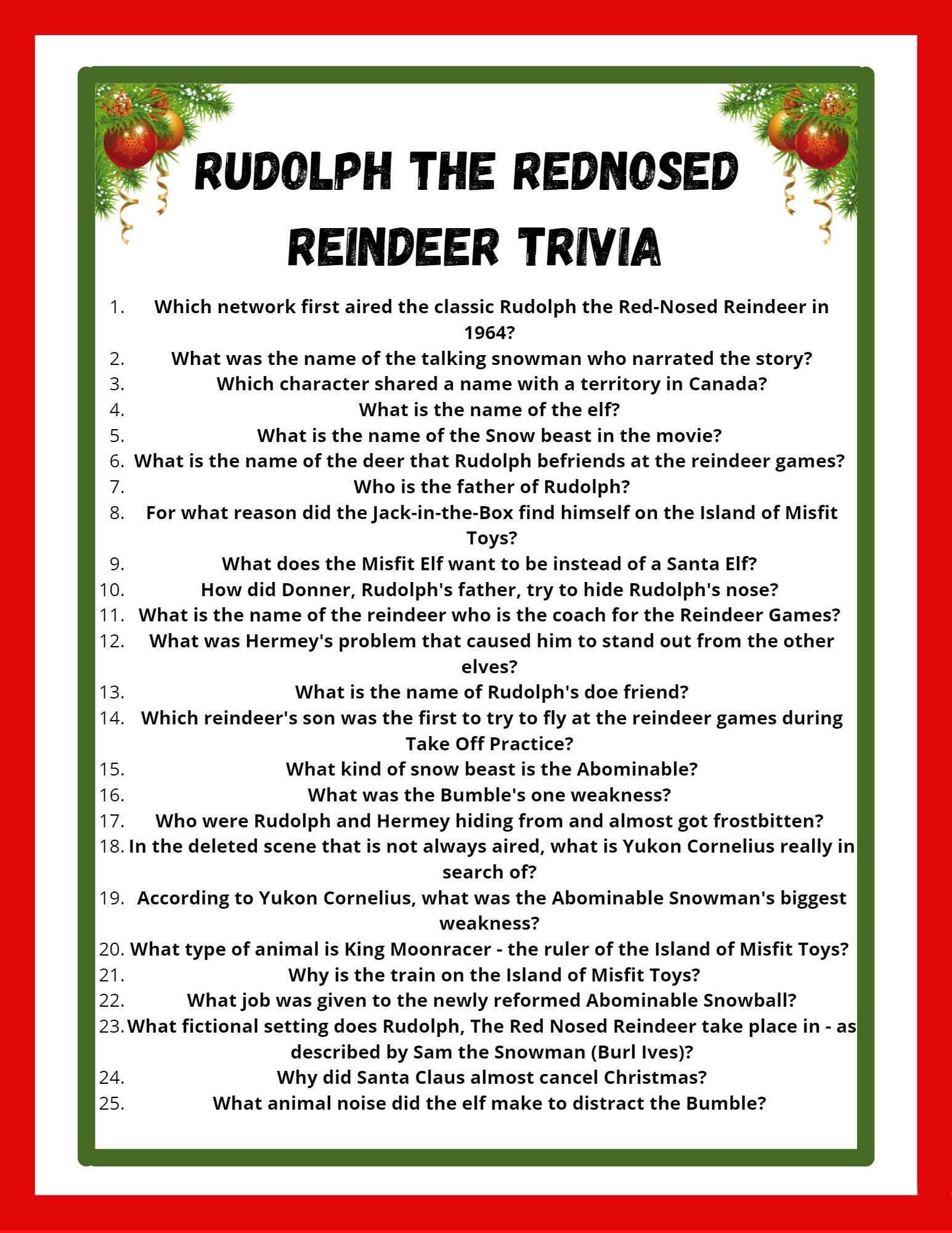 Rudolph Trivia Game Rudolph The Rednosed Reindeer Printable in Reindeer Trivia Questions And Answers Printable