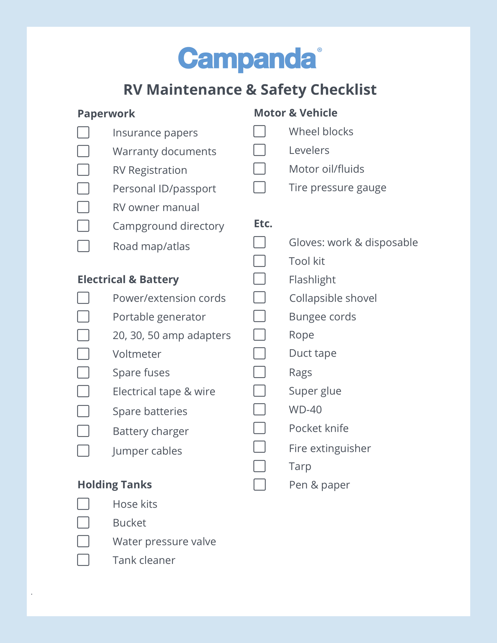 Rv Checklists: 6 Printable Packing Lists | Campanda regarding Free Printable Rv Departure Checklist