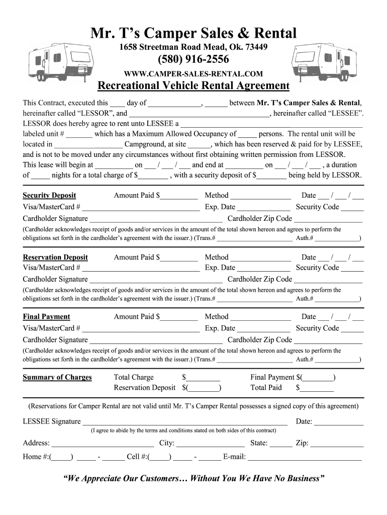 Rv Space Rental Agreement Template - Fill Online, Printable with regard to Free Printable Rv Rental Agreement