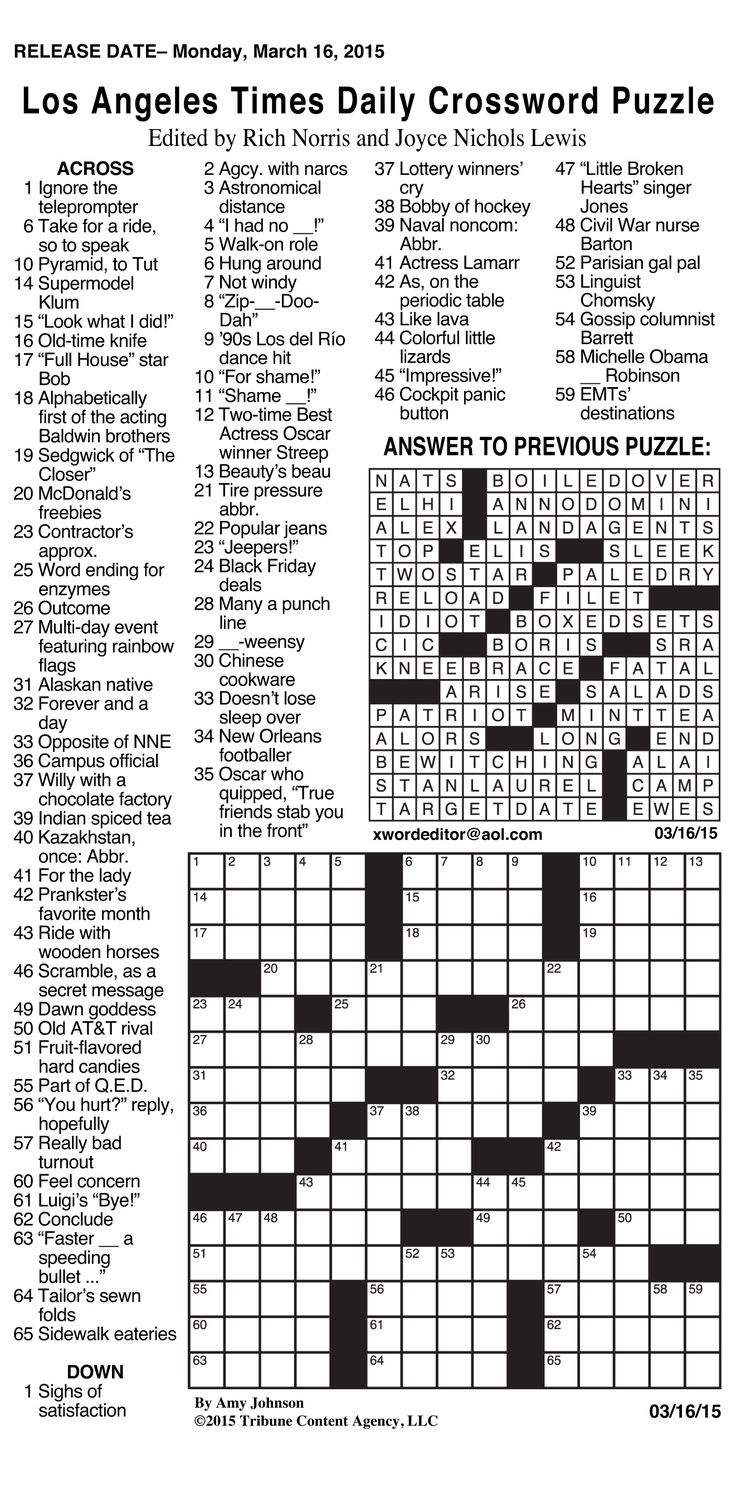 Sample Of Los Angeles Times Daily Crossword Puzzle (Grid Bottom with regard to Los Angeles Times Crossword Puzzle For Today Printable