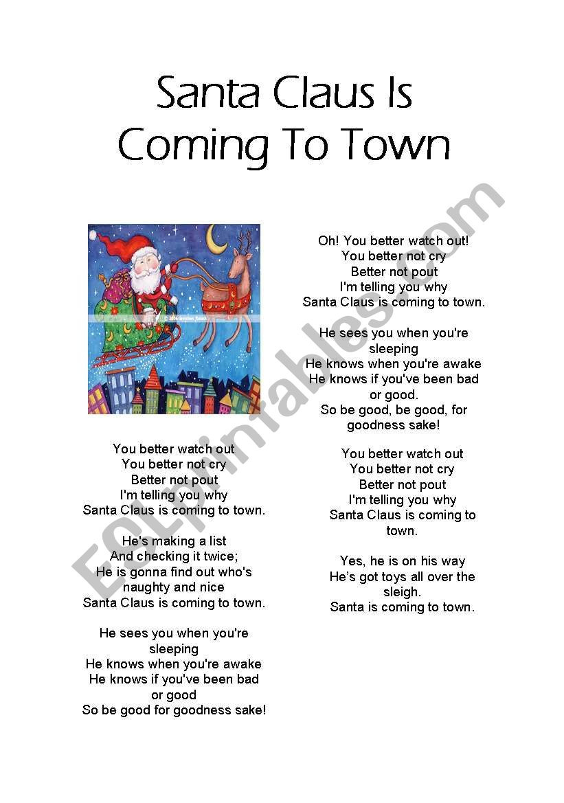 Santa Claus Is Coming To Town Lyrics - Esl Worksheetmighervil inside Santa Claus Is Comin to Town Lyrics Printable