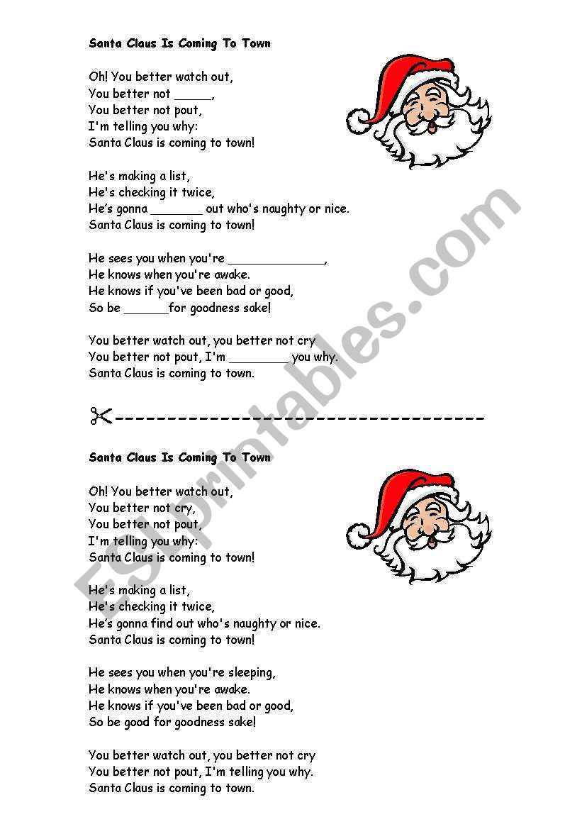 Santa Claus Is Comming To Town - Lyrics - Esl Worksheeteflmon regarding Santa Claus Is Comin to Town Lyrics Printable