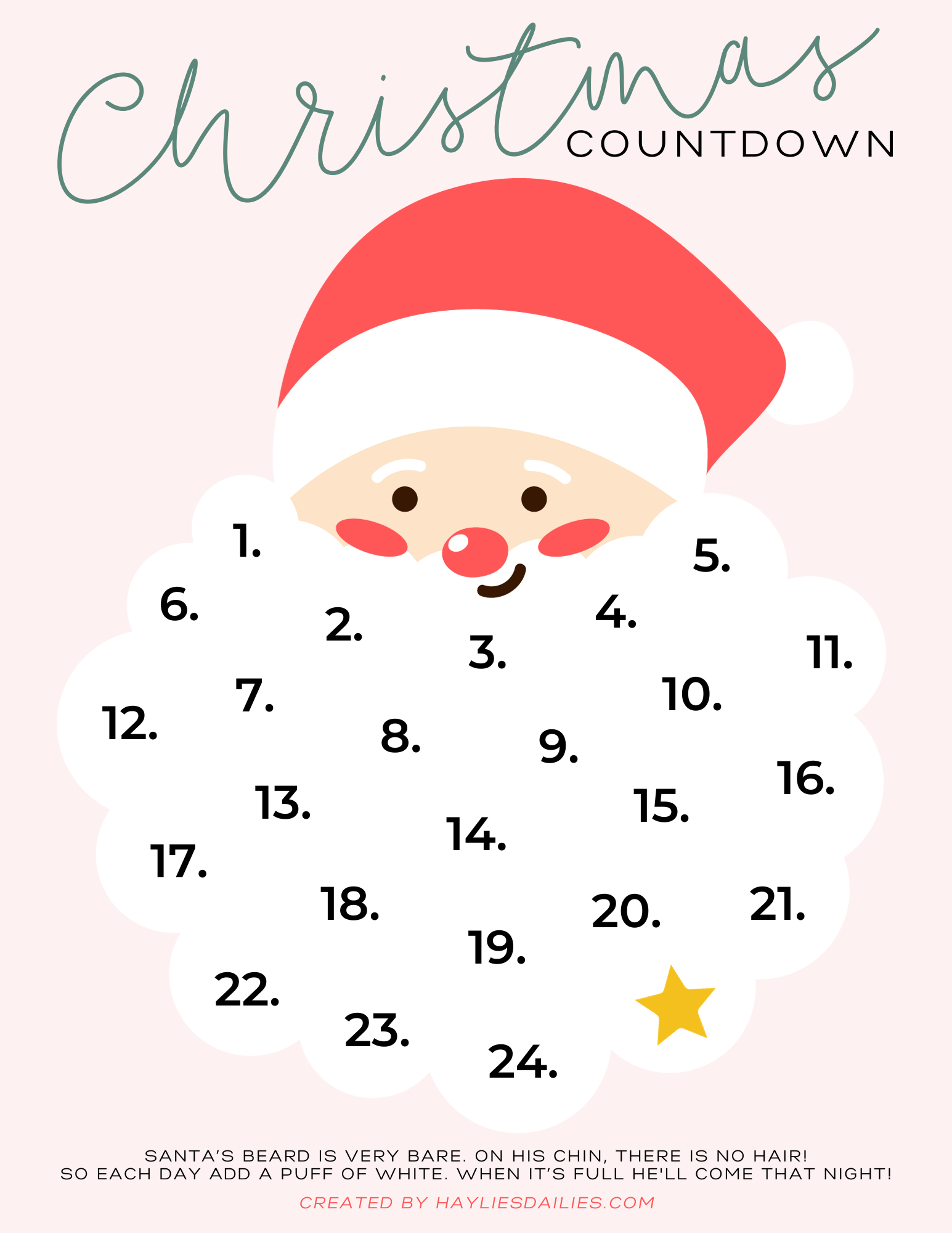 Santa&amp;#039;S Cotton Ball Beard Christmas Countdown: Free Printable for Free Printable Santa Cotton Ball Beard