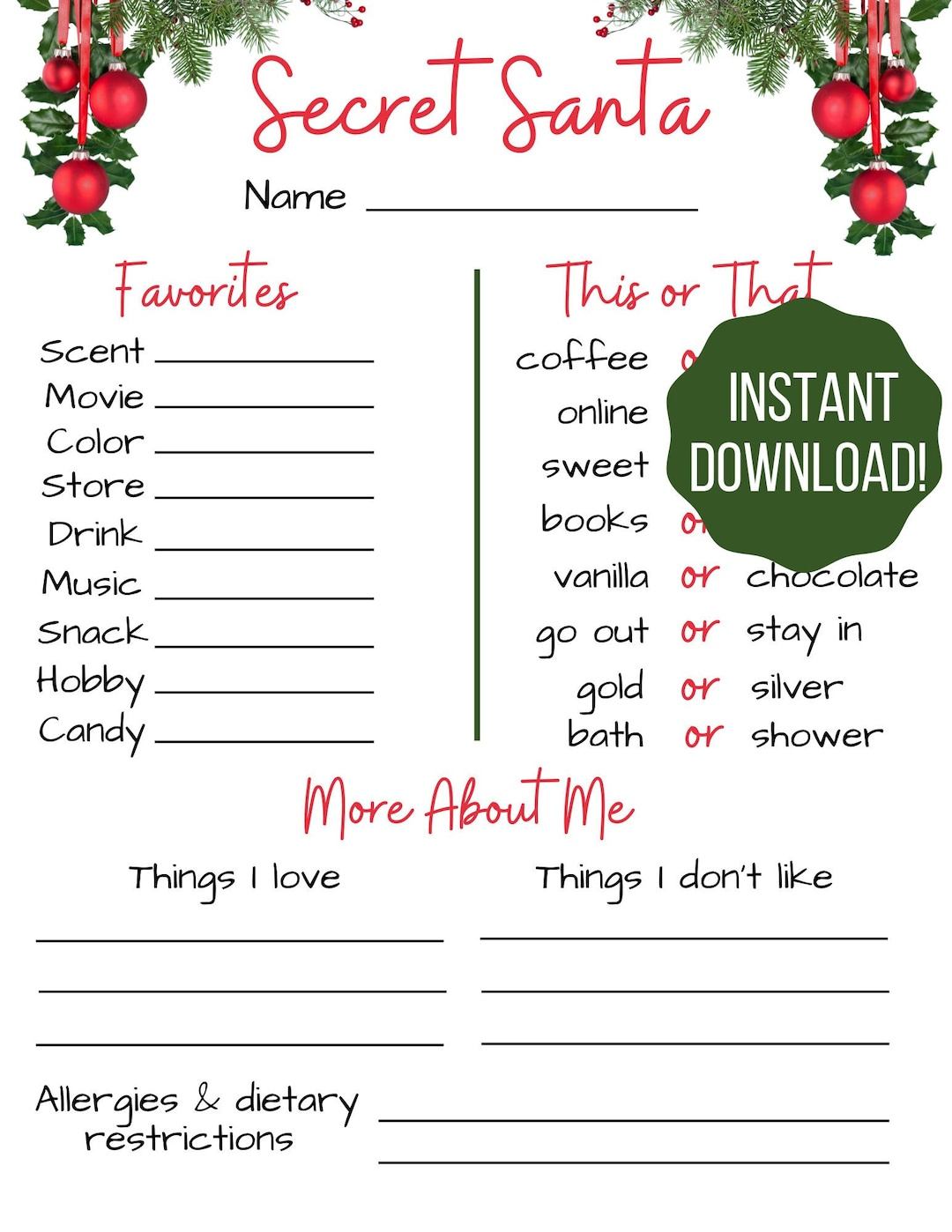 Secret Santa Questionnaire / Secret Santa Form / Christmas regarding Secret Santa Form Free Printable