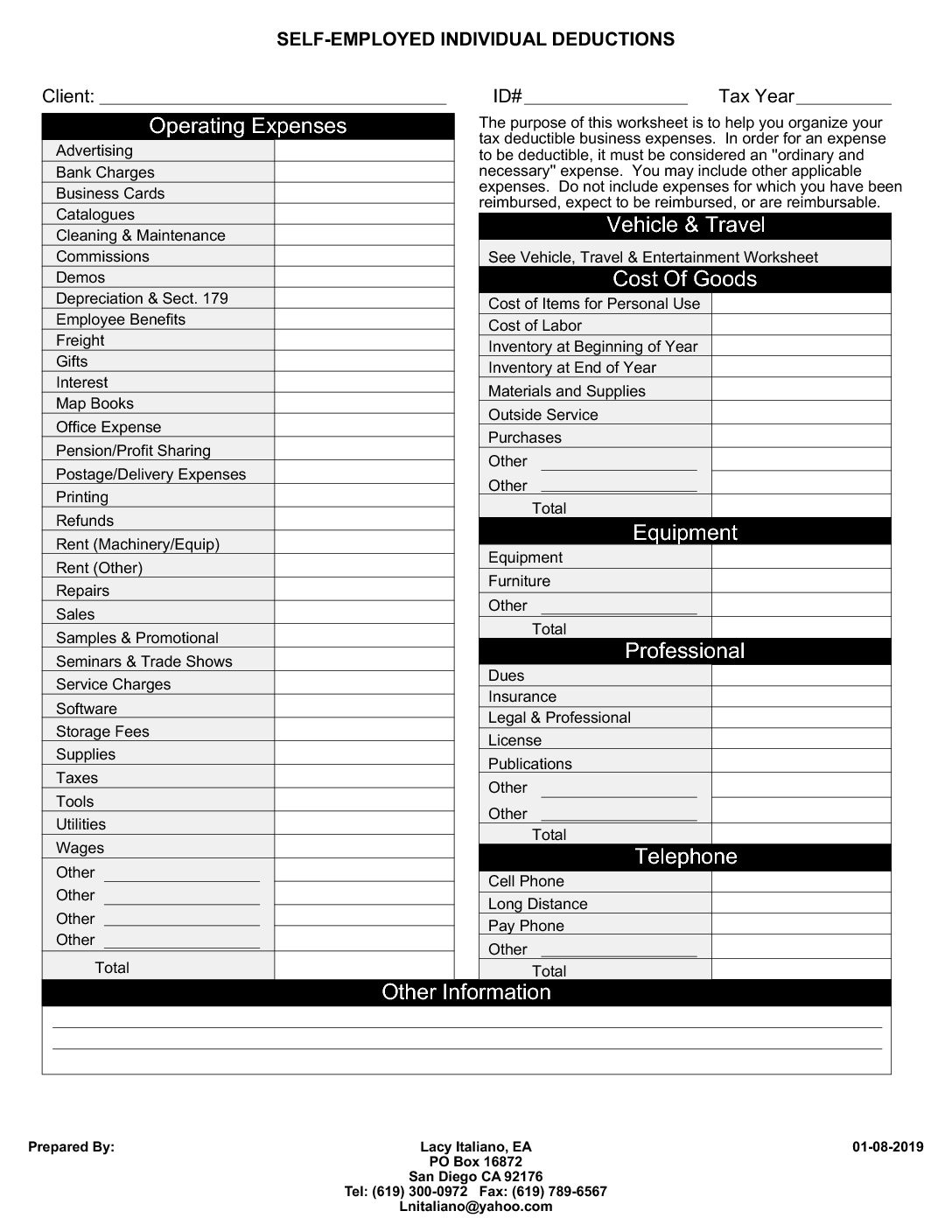 Self-Employed Business Deduction Worksheet - Italiano Tax inside Printable Self Employed Tax Deductions Worksheet