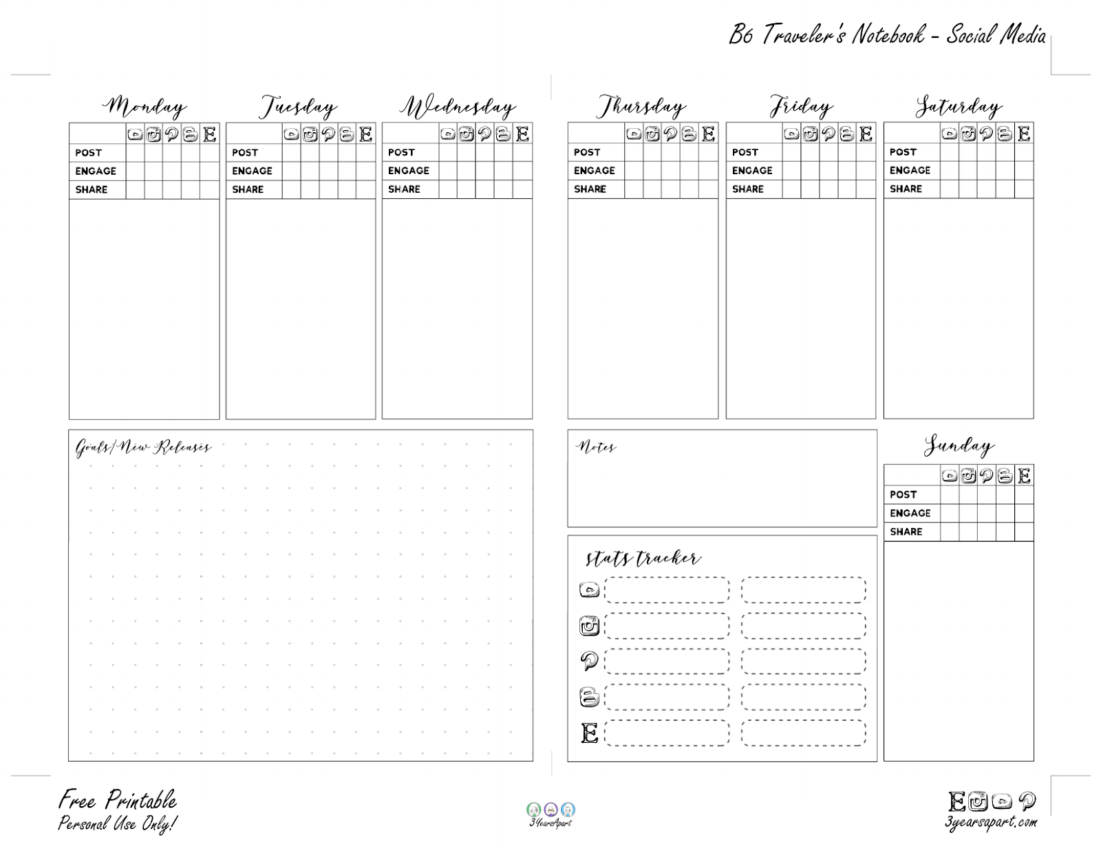 Social Media Planner Inserts | Free Printable For Traveler&amp;#039;S throughout Free Printable B6 Inserts