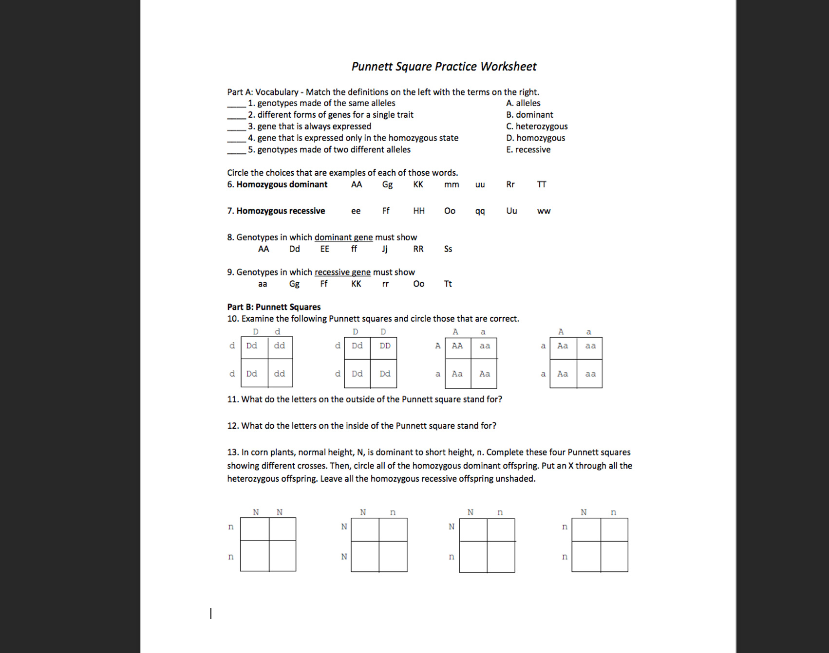 Solved Punnett Square Practice Worksheet Part A: Vocabulary throughout Printable Punnett Square Practice Worksheet