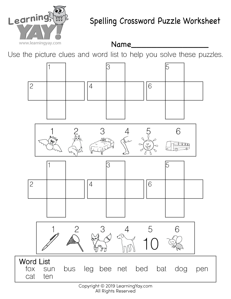 Spelling Crossword Puzzle Worksheet For 1St Grade (Free Printable) for Crossword Puzzles For First Graders Printable