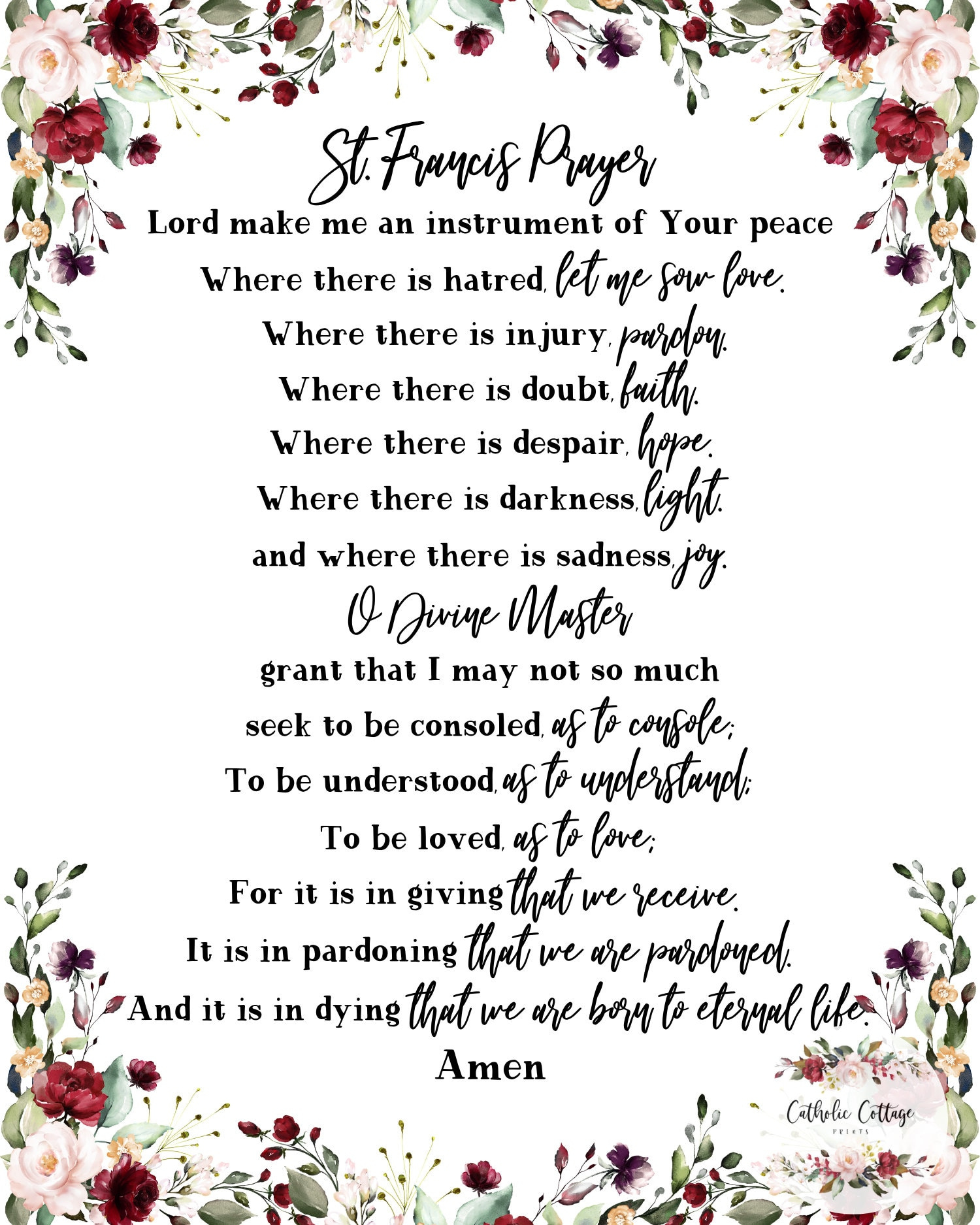 St. Francis Prayer Catholic Prayer, Digital Printable - Etsy for Print Printable Prayer of St Francis of Assisi