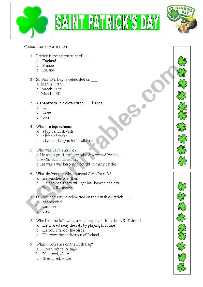St. Patrick´s Day Quiz - Esl Worksheetgoosfraba22 intended for St Patrick&amp;amp;#039;s Day Trivia Printable
