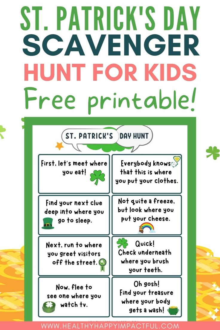 St. Patrick&amp;#039;S Day Scavenger Hunt For Kids (Free Printable) within Free Printable Leprechaun Scavenger Hunt Clues