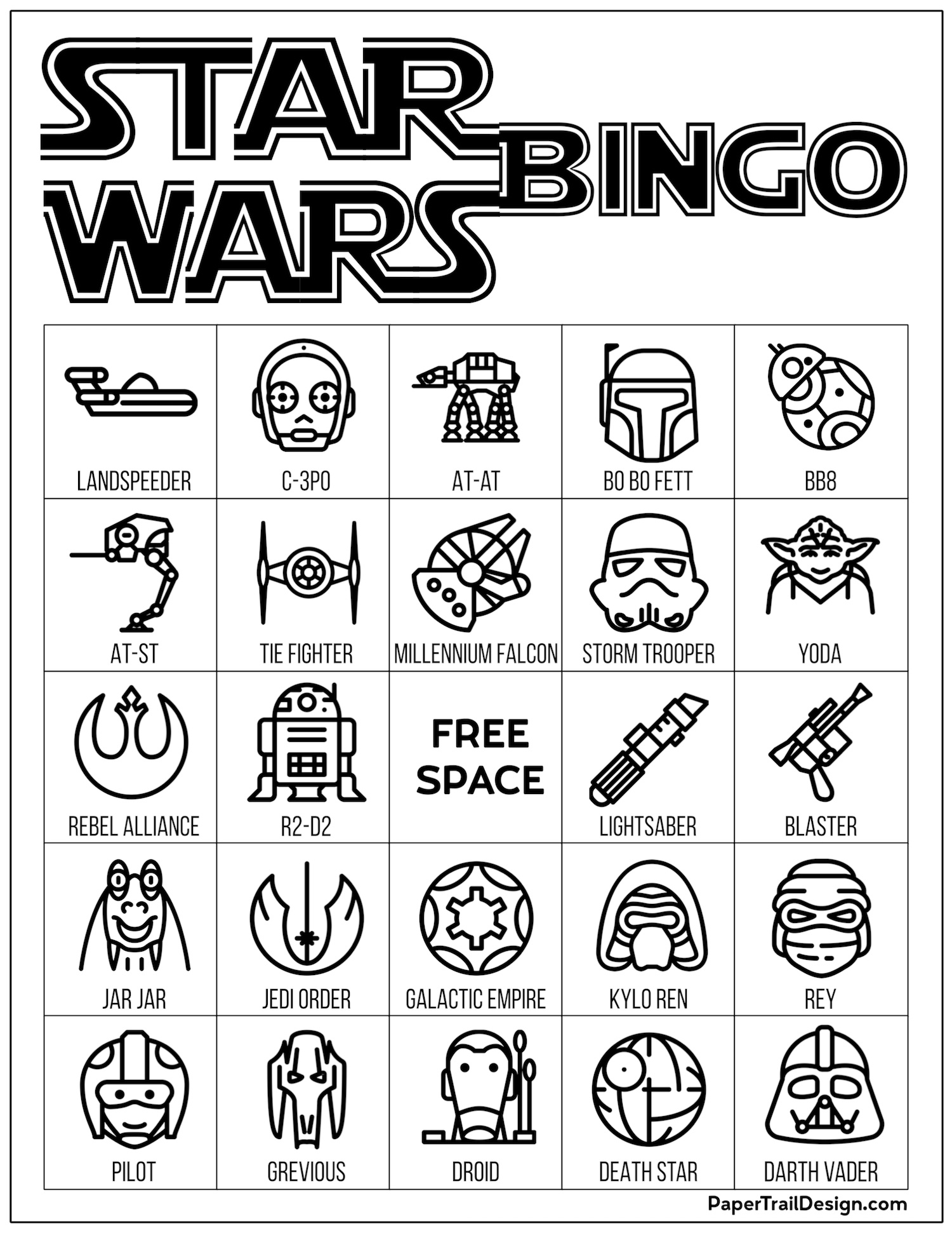 Star Wars Bingo {Free Printable Party Game} - Paper Trail Design within Star Wars Bingo Cards