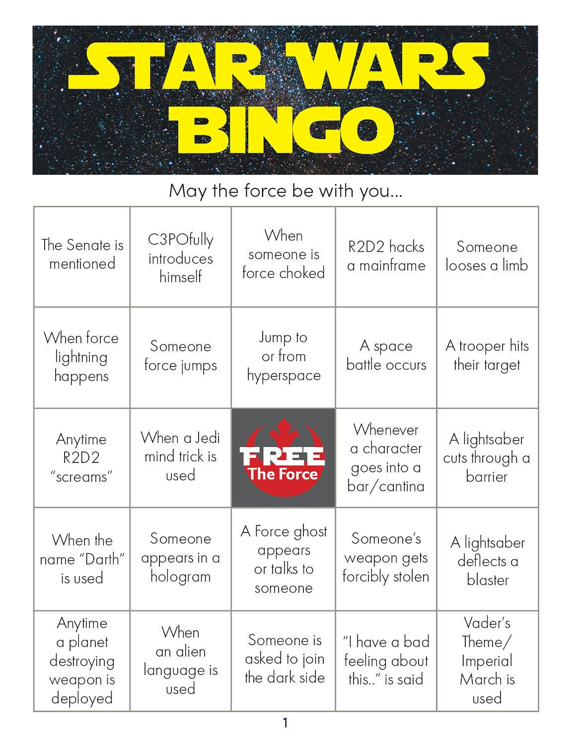 Star Wars Bingo Movie Marathon Edition - Etsy with regard to Star Wars Bingo Cards