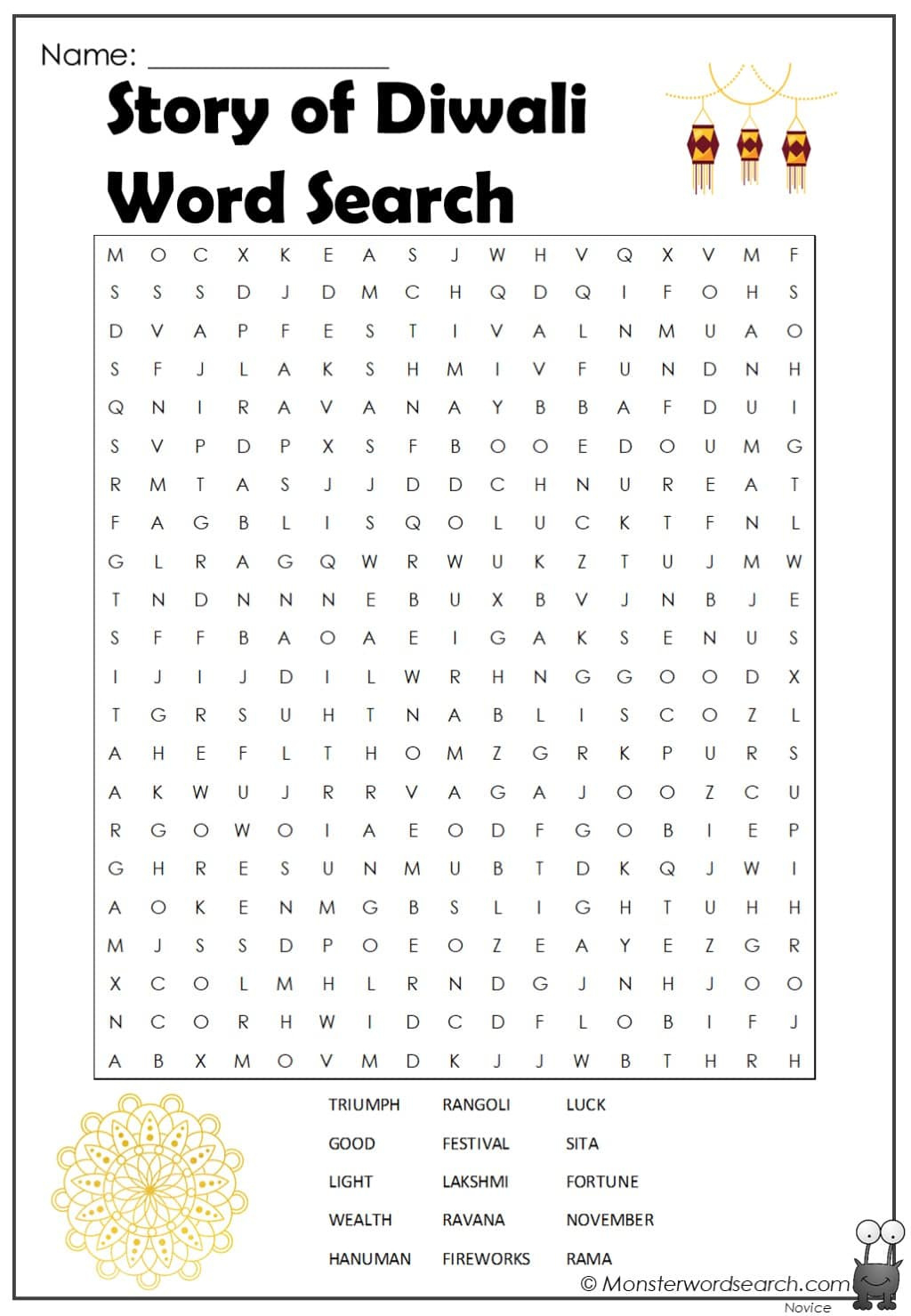 Story Of Diwali Word Search - Monster Word Search with Diwali Word Search Free Printable