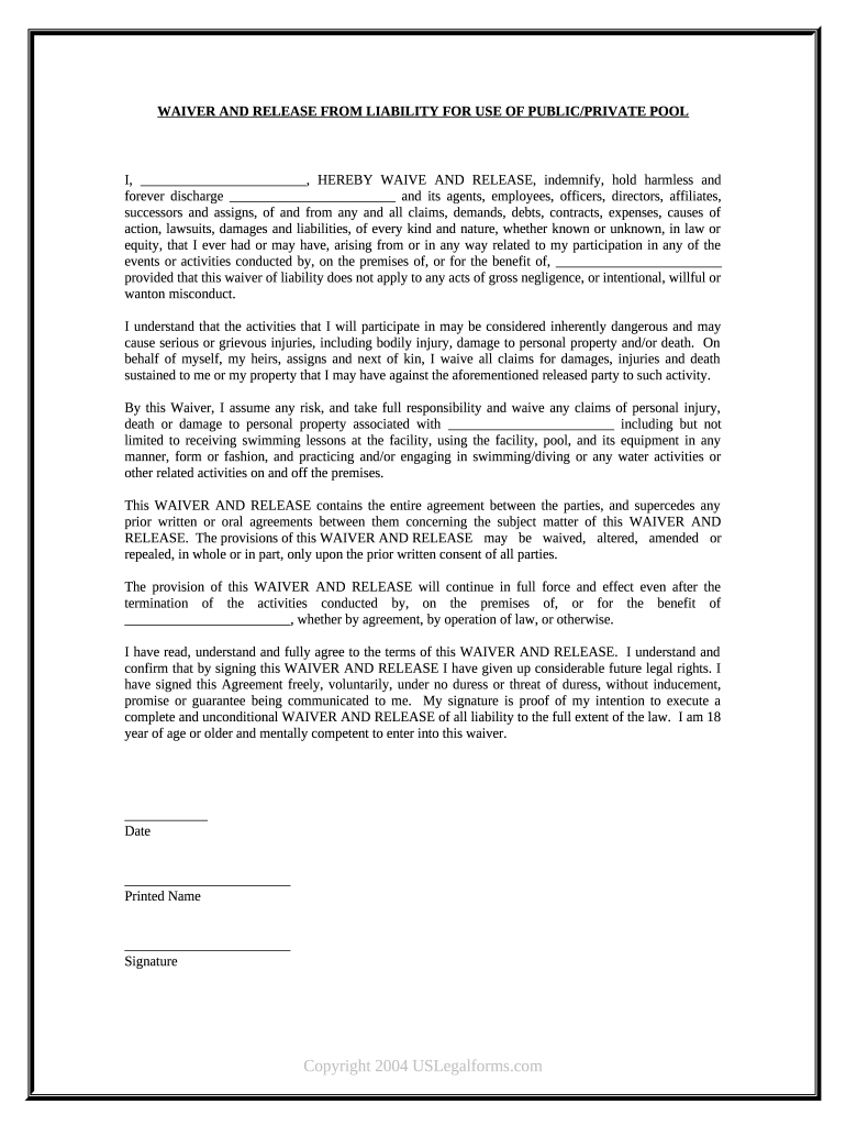 Swimming Pool Waiver Template: Fill Out &amp;amp; Sign Online | Dochub intended for Parental Consent Form Printable Swimming Pool Waiver Template