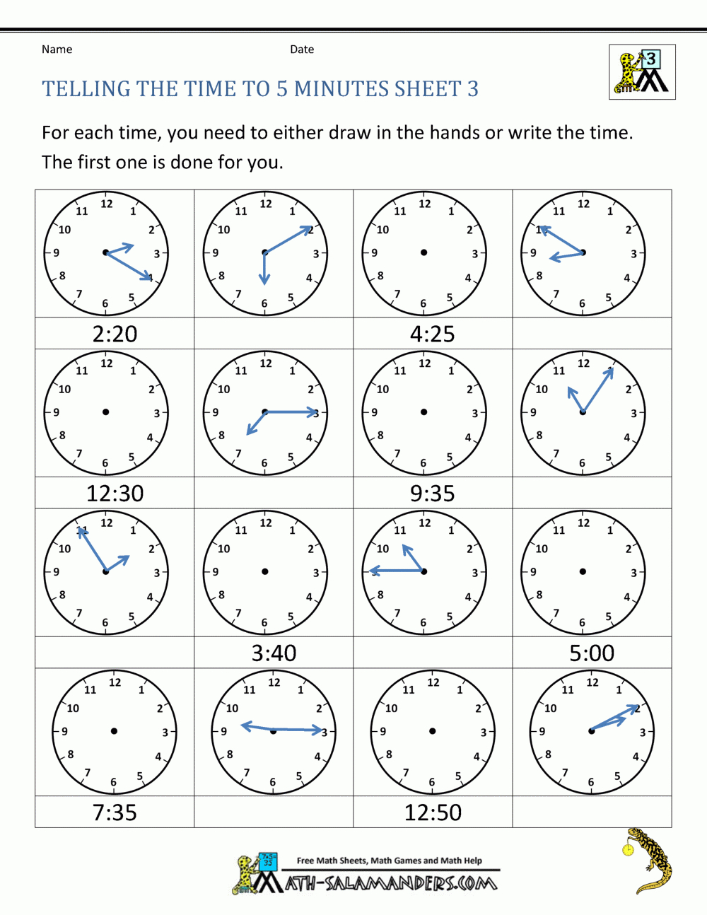 Telling Time To 5 Minutes Worksheets intended for Printable Telling Time Worksheet