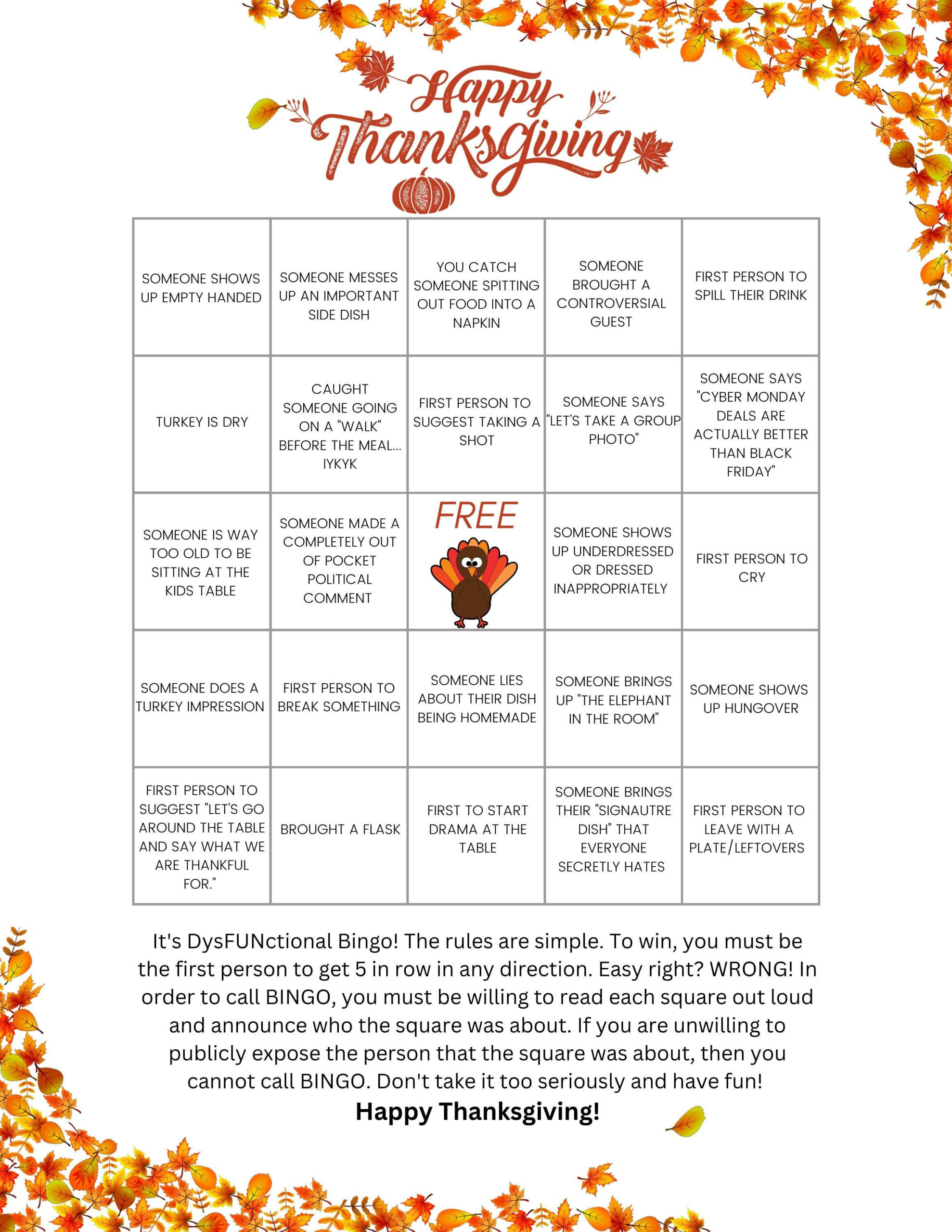 Thanksgiving Bingo Dysfunctional Edition - Etsy intended for Dysfunctional Family Bingo Card