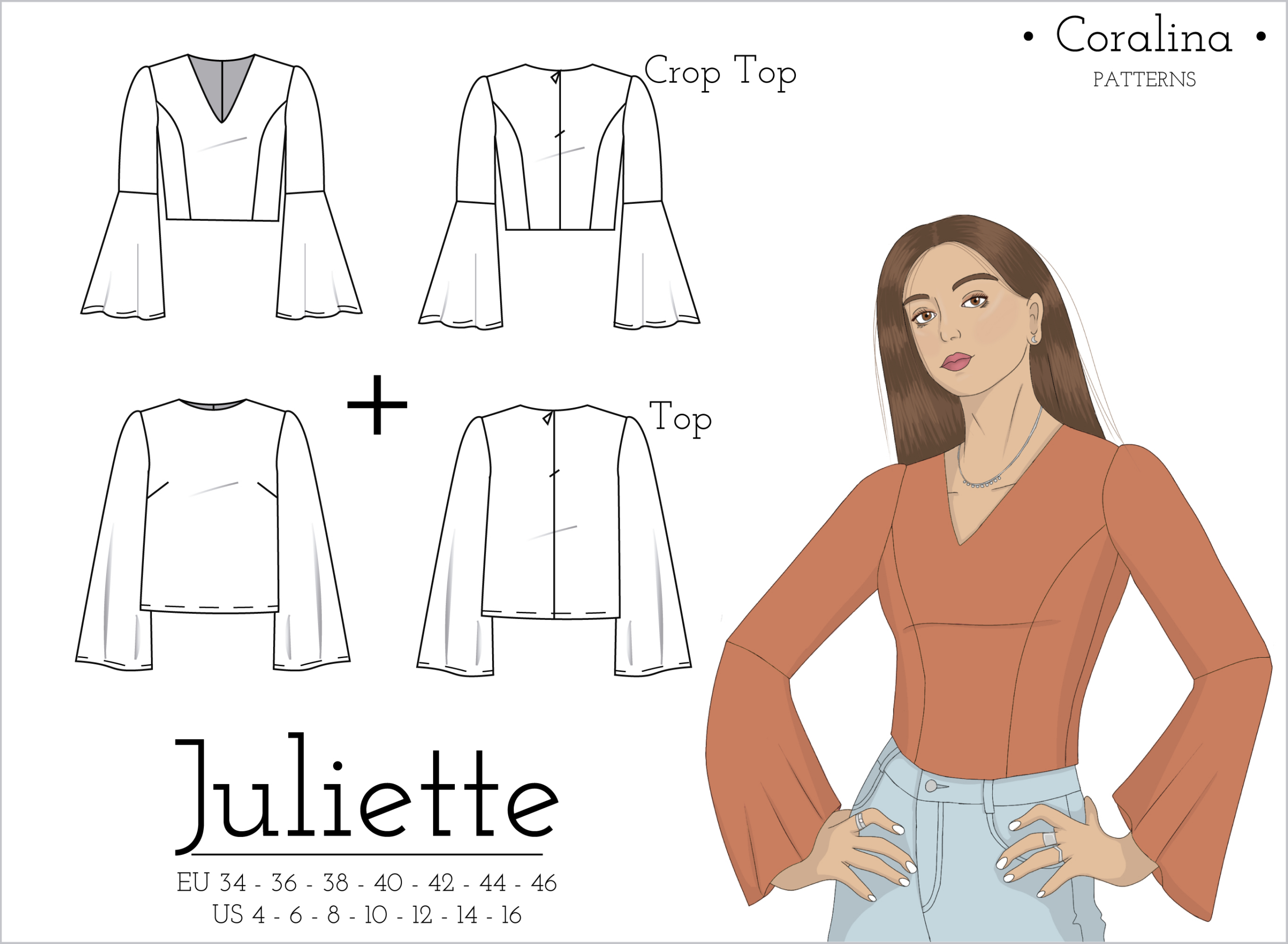 The Juliette Top – Coralina Patterns with Printable Bell Sleeve Pattern