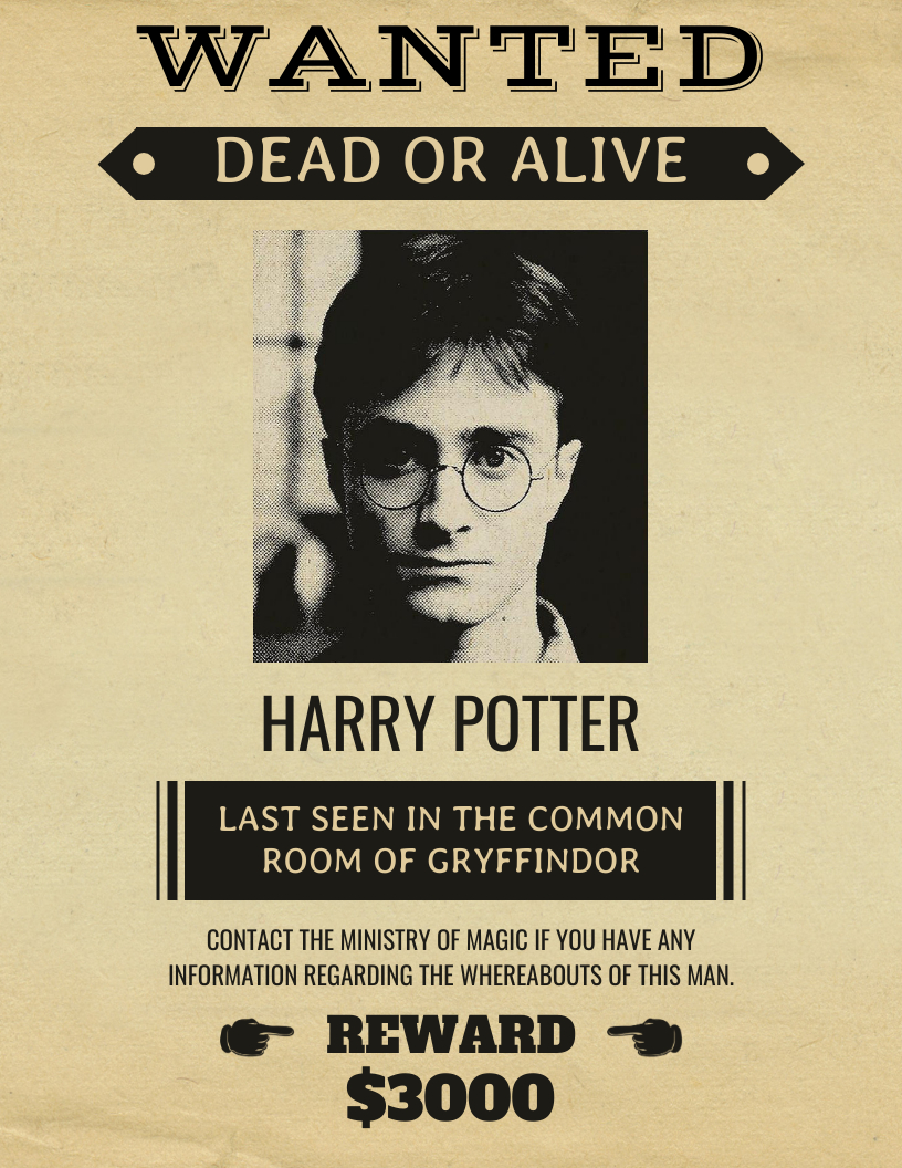 Vintage Harry Potter Wanted Poster - Venngage with Harry Potter Wanted Posters Printable