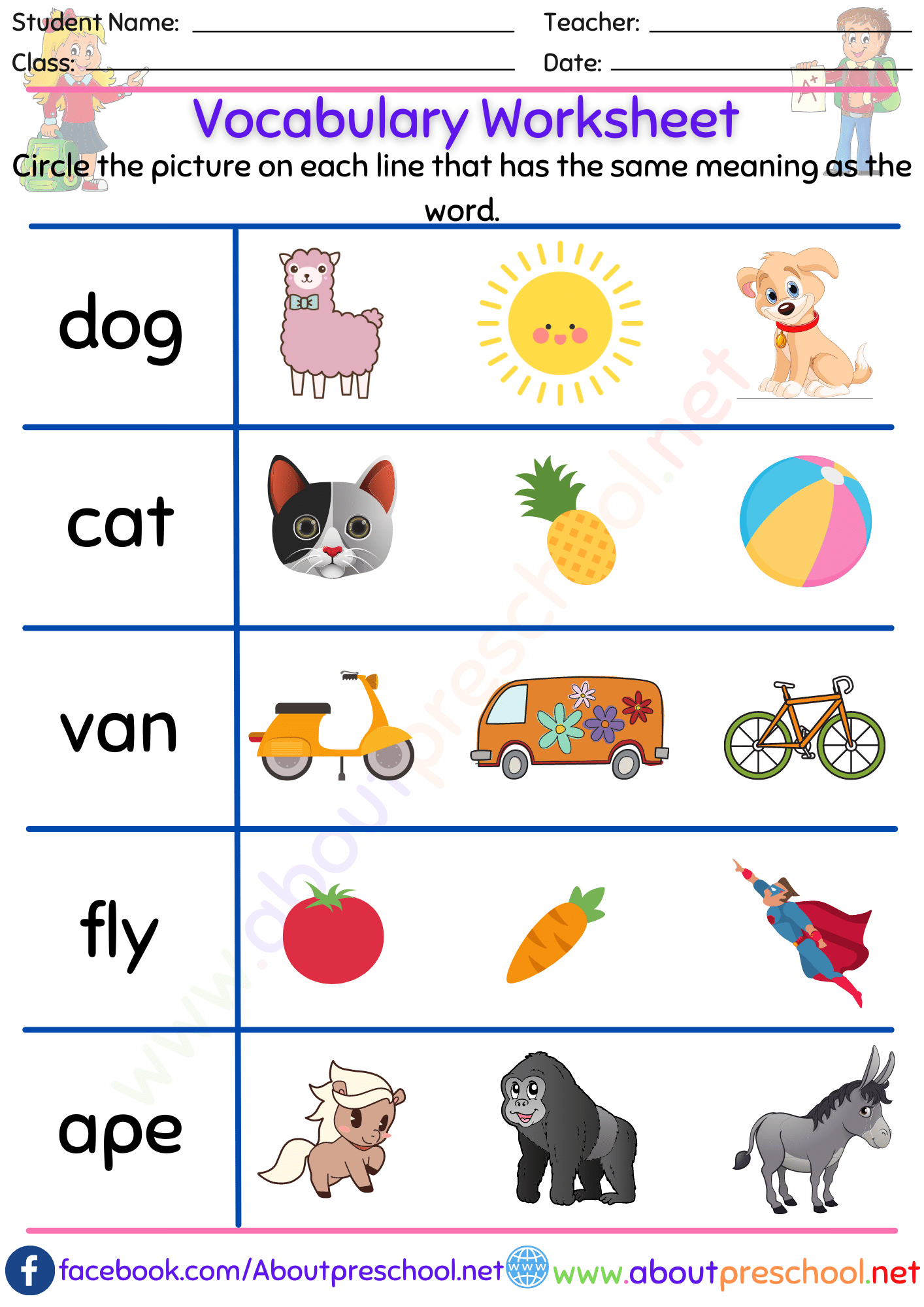 Vocabulary Worksheets - About Preschool with regard to Vocabulary Printable Worksheets For Kids