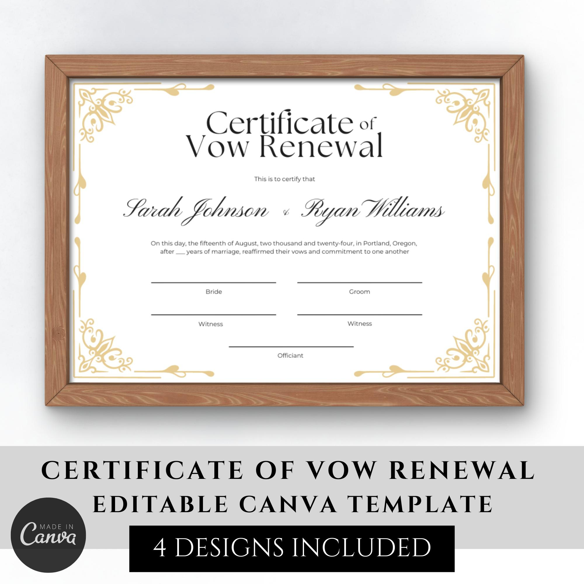 Vow Renewal Certificate Printable, Editable Vow Renewal Template throughout Free Printable Renewal Of Vows Certificate