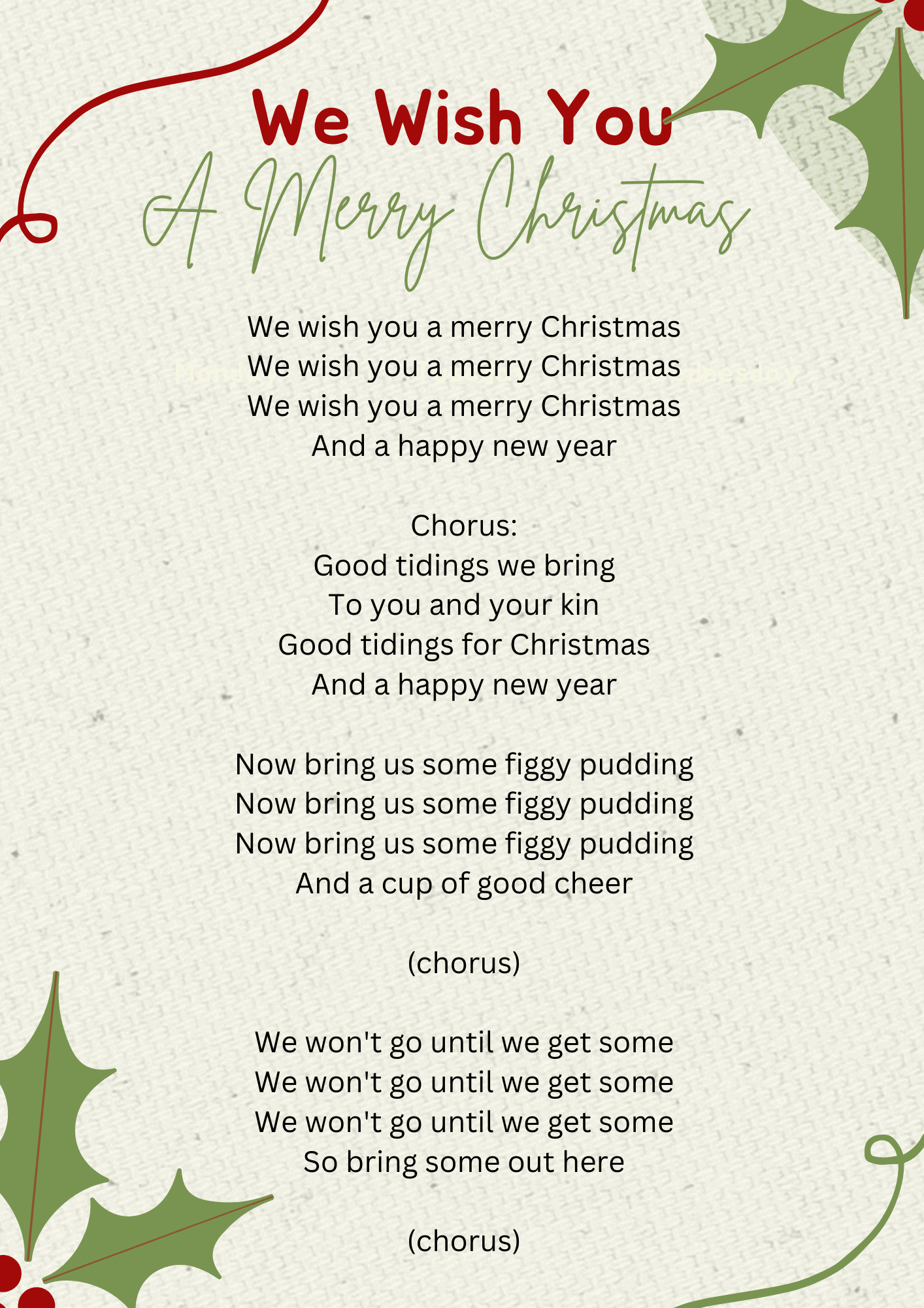 We Wish You A Merry Christmas Lyrics inside Printable Words to We Wish You a Merry Christmas