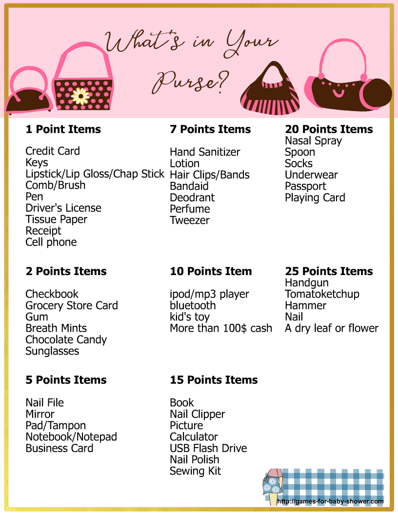 What&amp;#039;S In Your Purse, Free Printable Baby Shower Game within What&amp;#039;S In Your Purse Game Printable Free