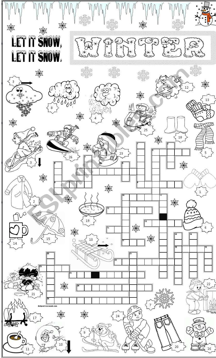 Winter Crossword - Esl Worksheetangelamoreyra for Winter Crosswords Printable