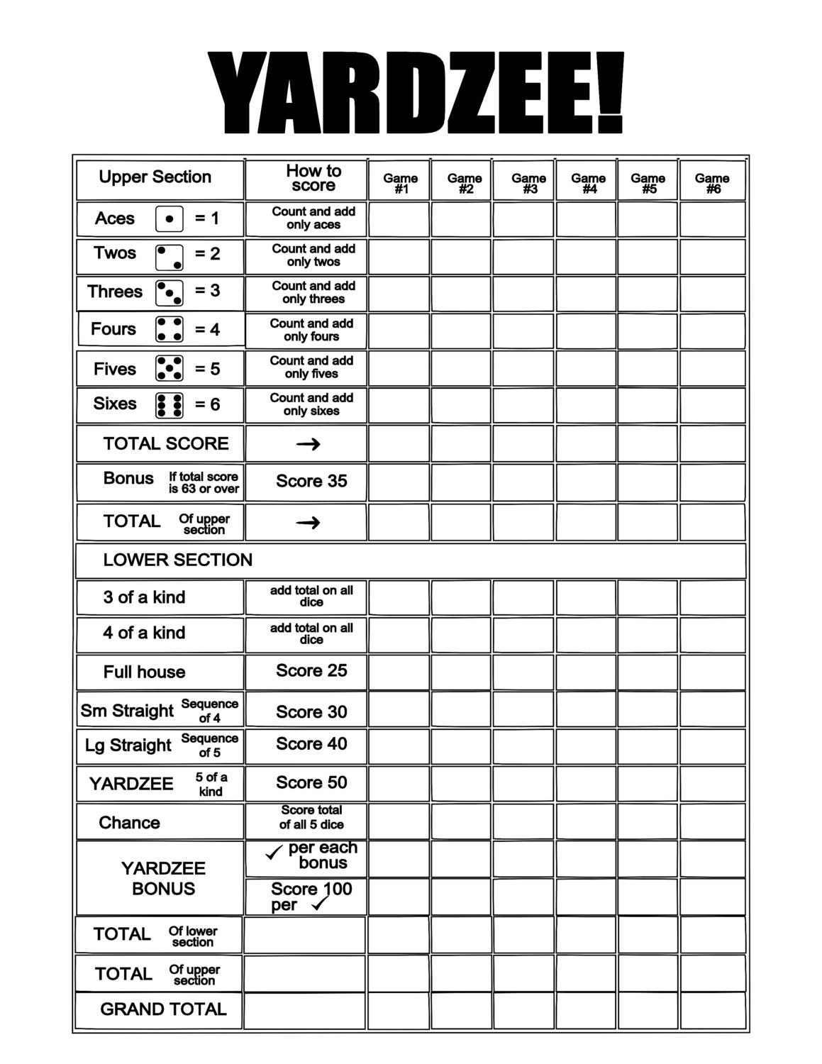 Yahtzee Score Cards Printable | Family Reunion Helper within Yardzee Score Card Printable Free