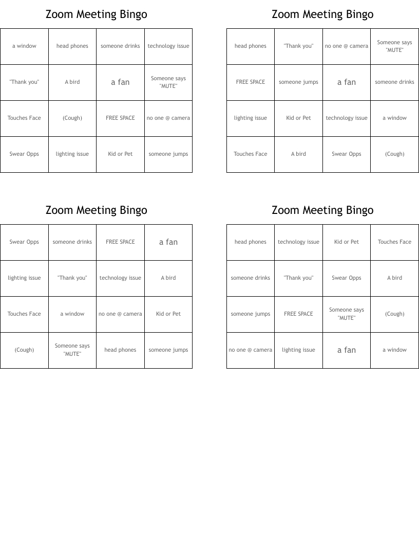 Zoom Meeting Bingo - Wordmint with Zoom n Meeting Bingo Cards