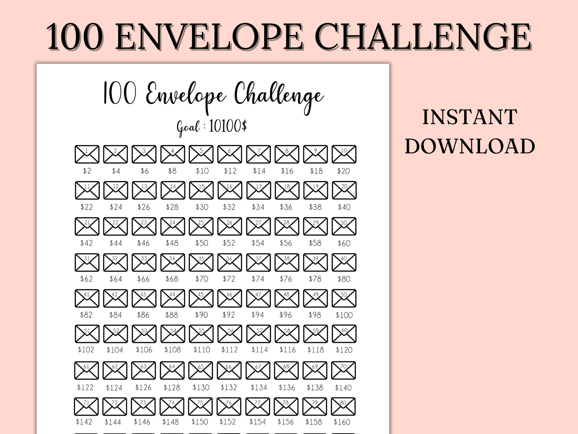 100 Envelope Challenge Printable, 10.000 Savings Challenge for Free Printable 100 Envelope Challenge 10K