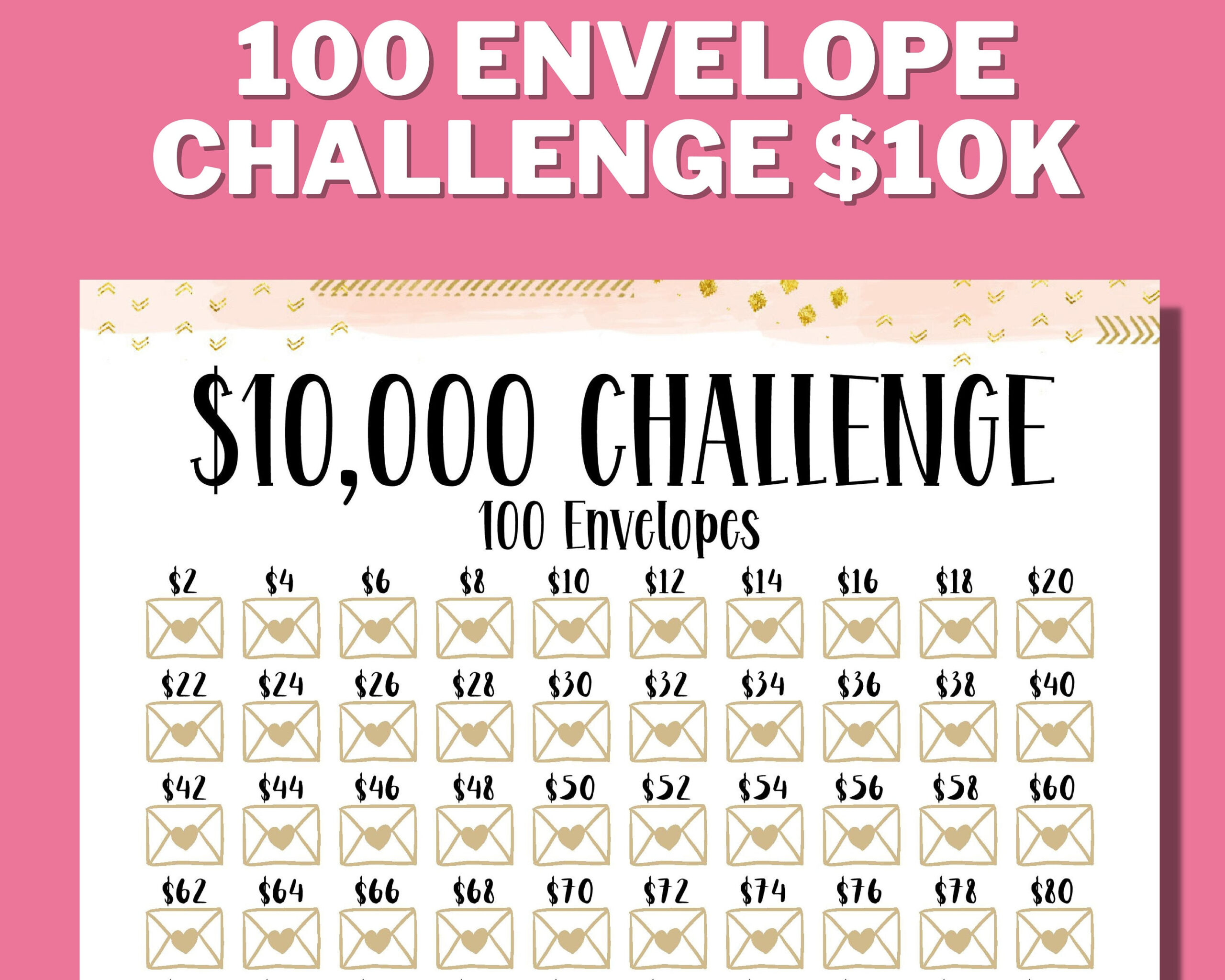 10K 100 Envelope Challenge Printable, 10.000 Saving Tracker, 10K with 10k in 100 Days Challenge Printable