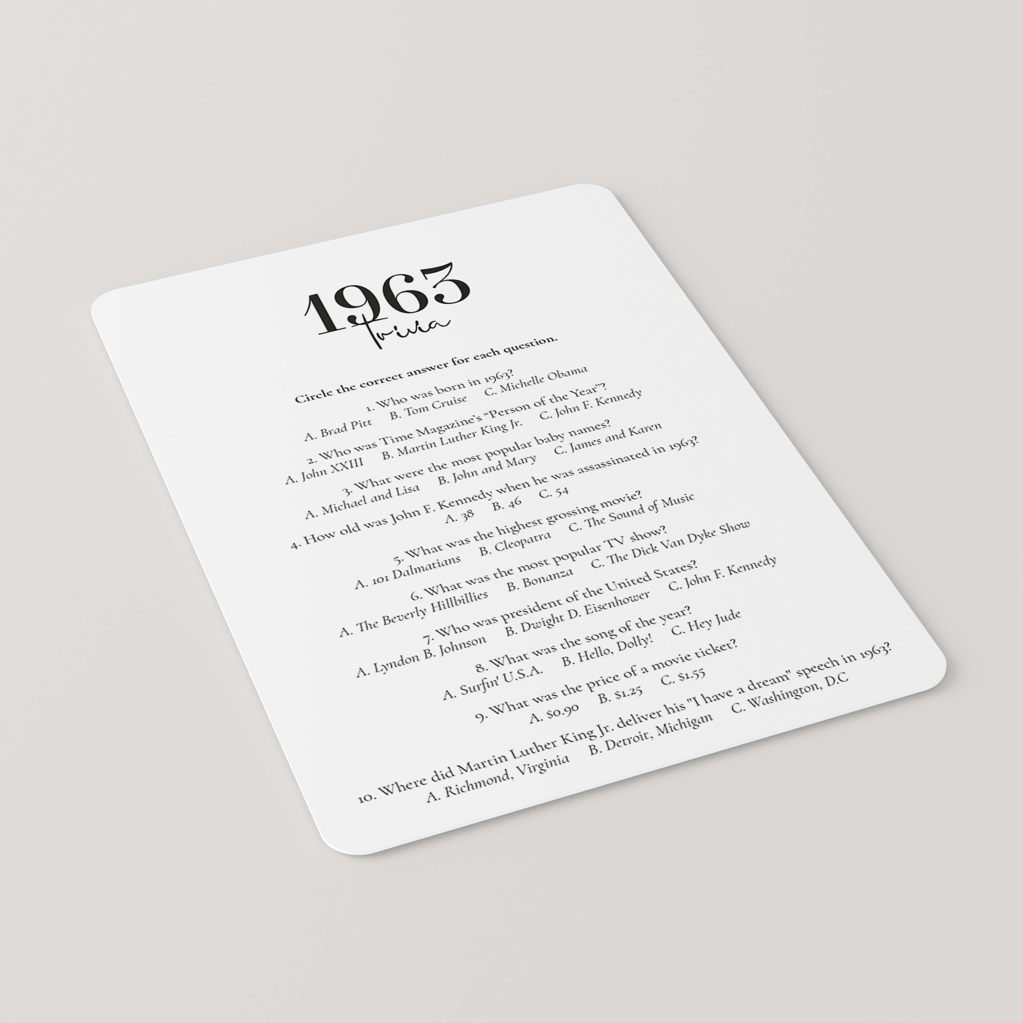 1963 Quiz Printable Fun Facts About 1963 Trivia Simple 62Nd Bday regarding 1963 Trivia Questions and Answers Printable