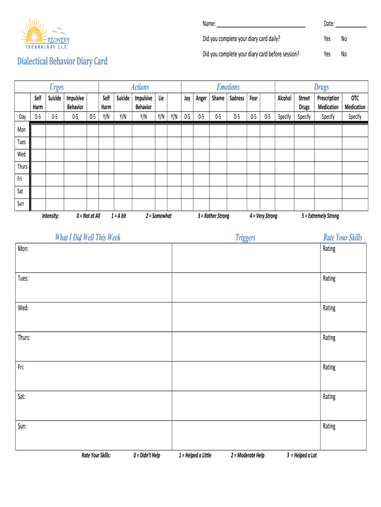 2012 Form Recovery Technology Dbt Diary Card Fill Online with regard to Printable Dbt Diary Card