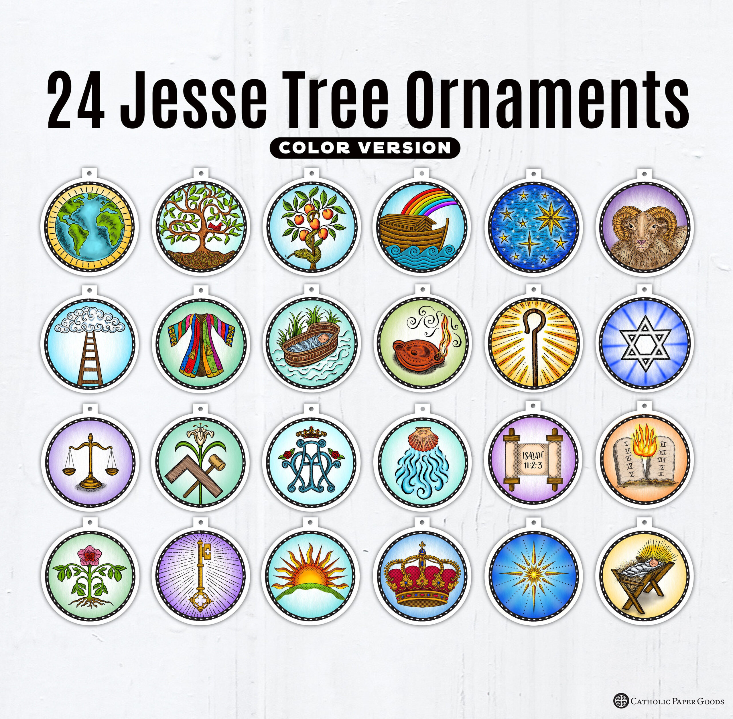 24 Jesse Tree Printable Color Ornaments Pdf, Full Color Ornaments inside Jesse Tree Ornaments Free Printable
