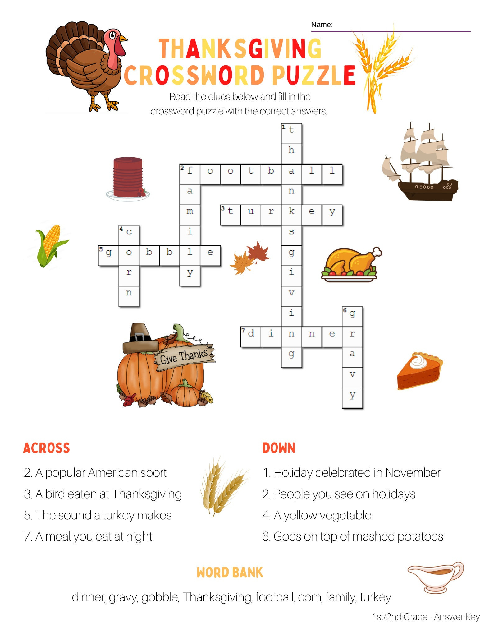 2Nd Grade Thanksgiving Crossword Puzzle With Word Bank And Answer with Thanksgiving Crosswords Printable