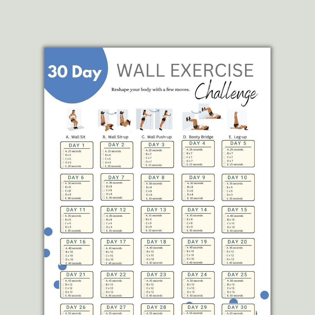 30 Day Wall Exercise Challenge Printable | Wall Fitness | Quick throughout Wall Pilates Chart Free Printable