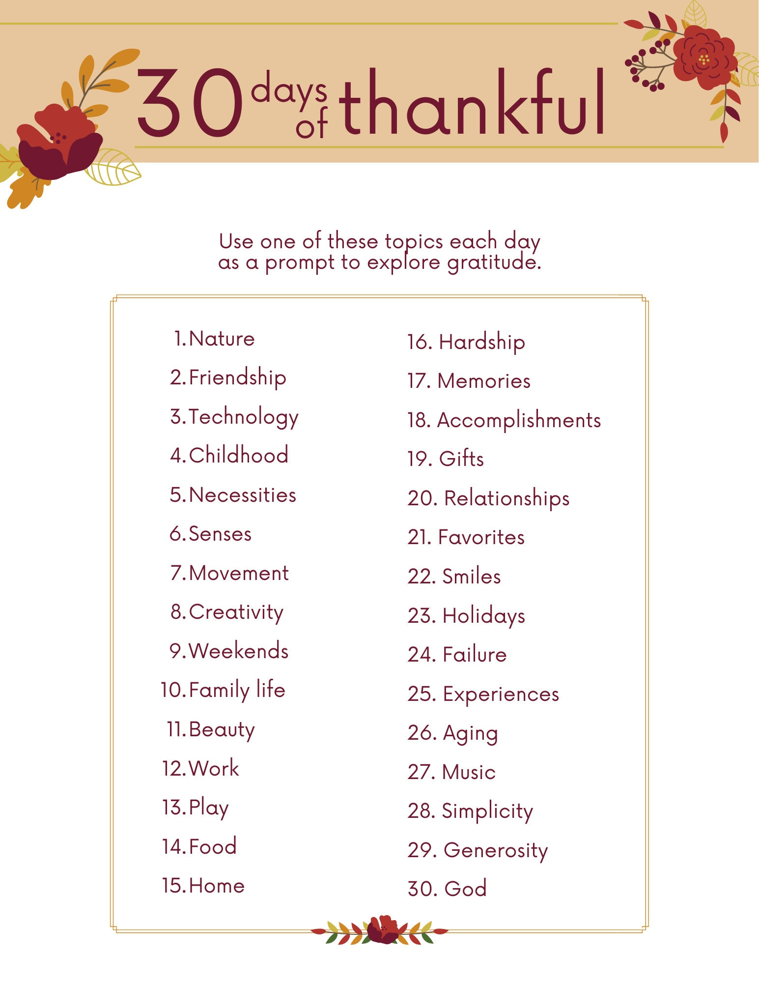 30 Days Of Thankful Printable, Gratitude Prompts, Gratitude within 30 Days of Gratitude Printable