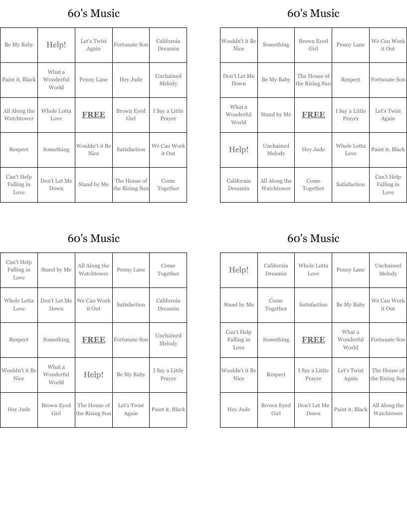 60&amp;#039;S Music Bingo Cards - Wordmint intended for Music Bingo Cards Printables