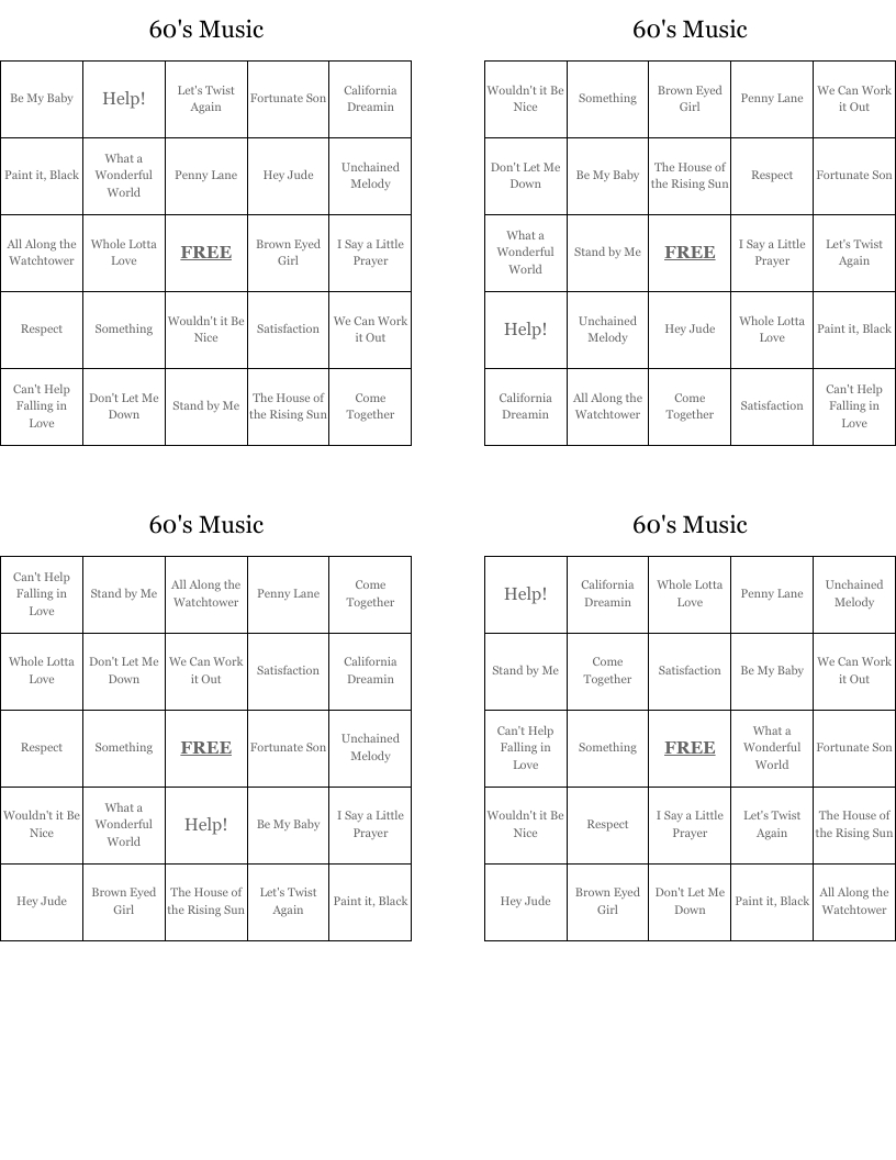 60&amp;#039;S Music Bingo Cards - Wordmint within Music Bingo Card Generator